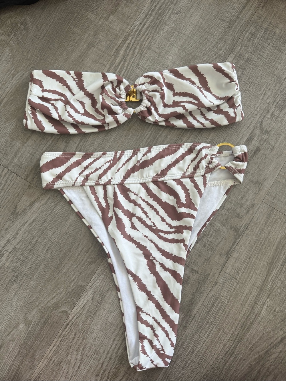 PrettyLittleThing White and Brown Zebra Bandeau Bikini Set
